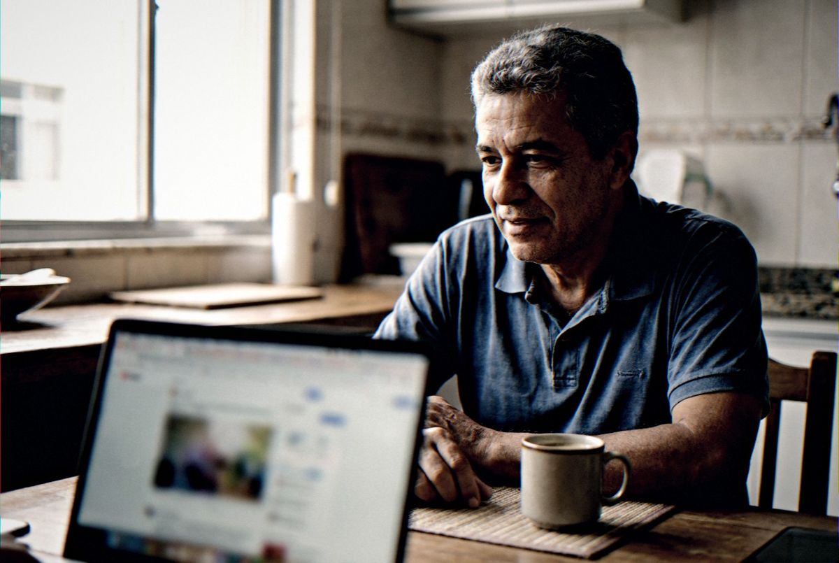 Homem em casa assistindo com atenção a um vídeo explicativo no notebook