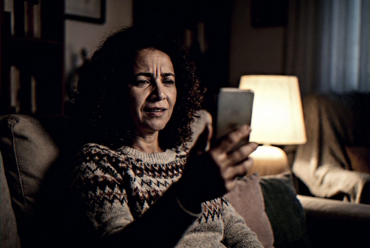Mulher no sofá olhando o celular com desconfiança
